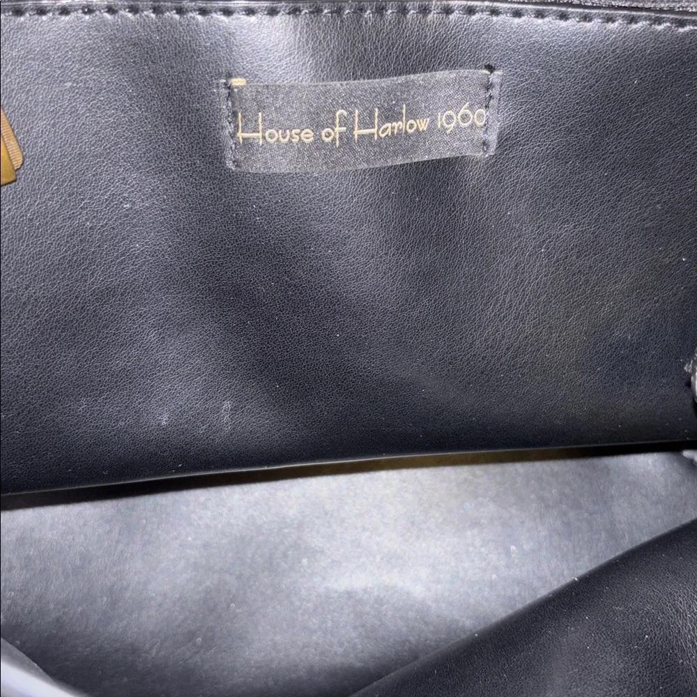 HOUSE OF HARLOW 1960 BLACK SUEDE BAG W/ SHOULDER STRAP GOLD/BRASS TONED HANDLE